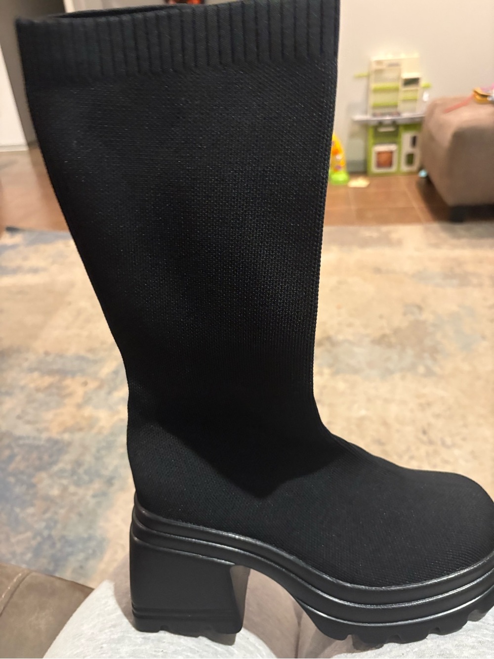 Black Knit Platform Mid-Calf Boot for Women